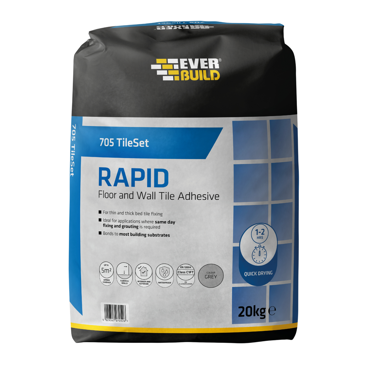 Everbuild 705 TileSet Rapid Floor & Wall Tile Adhesive – Grey / 20kg